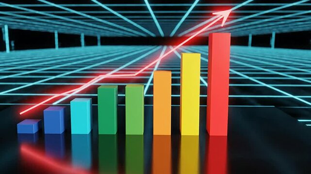 Rising graph shows increasing business data with colorful bars and red arrow in modern technology environment