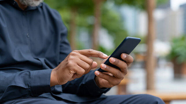 Texting in Urban Oasis: Close-up shot of hands texting on a modern smartphone, set against a blurred urban background, creating a juxtaposition of technology and the outdoor environment.