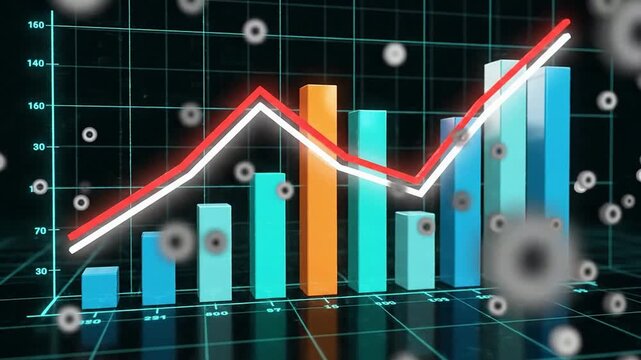 A graph shows an upward trend with colorful bars and lines on a grid.
