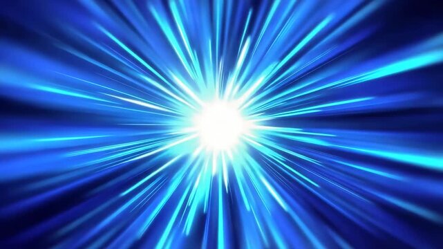 Vibrant blue light rays emanating from a bright white center in a dynamic abstract composition