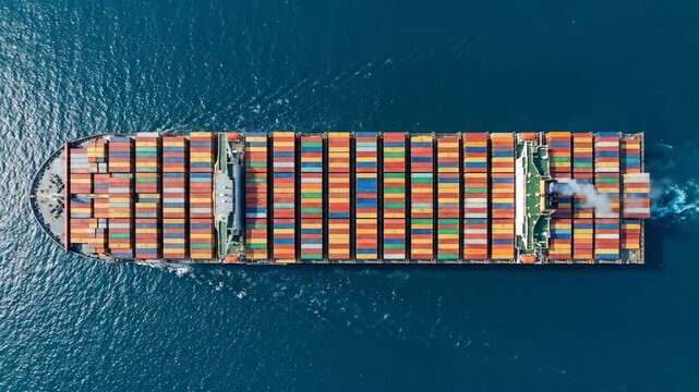 Aerial Overhead View of Container Ship at Sea: Colorful Shipping Containers in Grid Pattern on Vessel Crossing Deep Blue Ocean, Global Trade