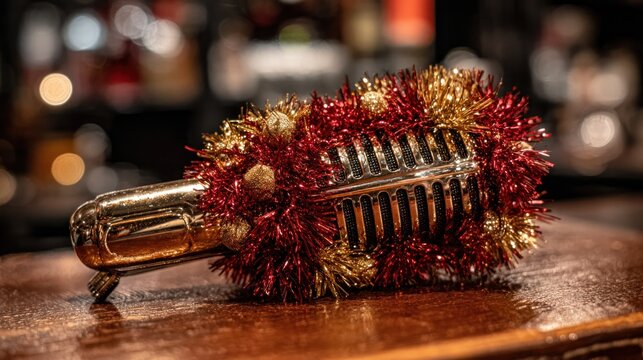 Vintage style microphone adorned with festive holiday garland rests on a wooden surface indoors.
