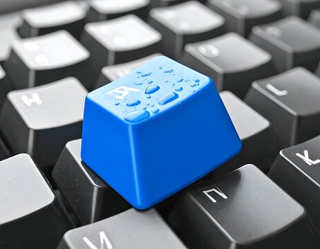 A blue keycap with Braille dots sits atop a black computer keyboard