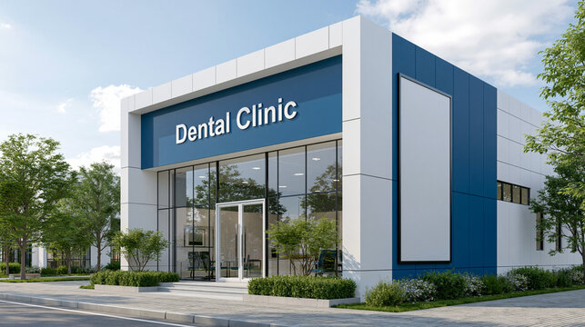 Modern Dental Clinic Exterior: A contemporary dental clinic boasts a sleek facade with a minimalist design, inviting patients into a space of modern dental care and comfort.