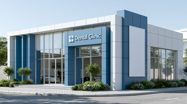 Modern Dental Clinic Exterior: A sleek and contemporary dental clinic with a modern design, boasting clean lines, large windows, and an inviting facade, creating a sense of professionalism and care.