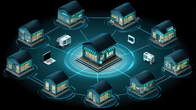 Isometric digital network connects multiple retail locations and mobile commerce units in a glowing abstract design