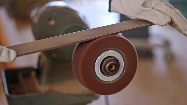 Craftsman sharpening a metal blade on a belt sander