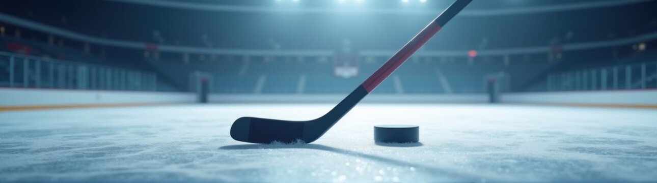 Hockey stick and puck on ice in an empty arena sport background