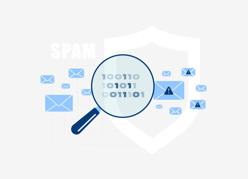 Spam detection with email security. Phishing e-mail analysis in digital interface. Detect malicious messages and protect data with spam filter and cyber security system flat vector illustration