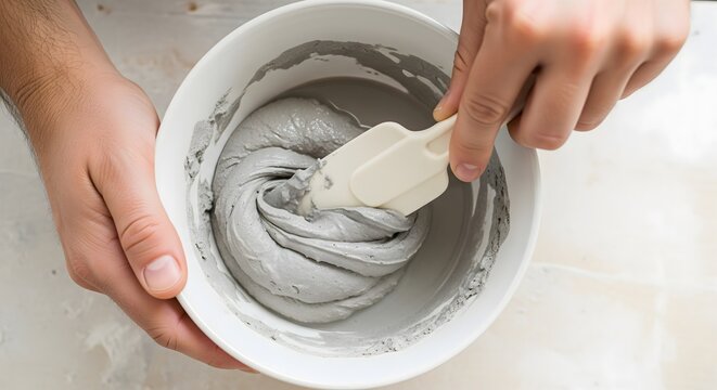 A close-up, high-angle view of a person's hands mixing grey cement or plaster in a white bowl with a white spatula, showcasing the texture and consistency of the building material.