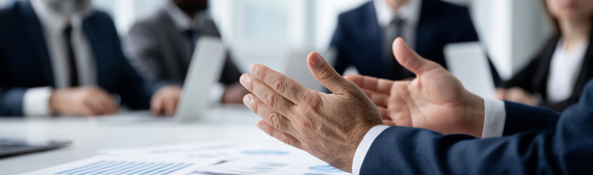 Business Meeting: An intimate view of a business meeting, with hands gesturing emphatically to a focused audience. This scene conveys leadership and team dynamics, with key figures at the table. 
