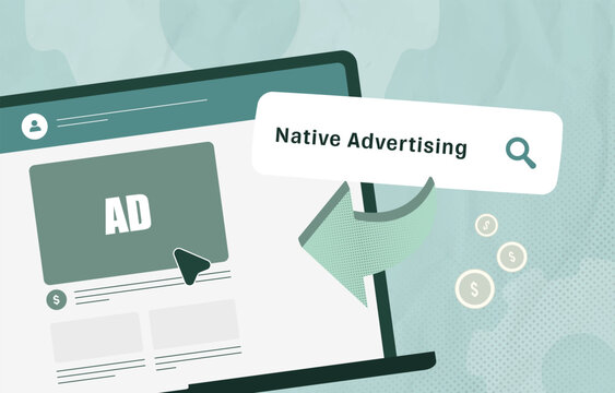 Native advertising with sponsored content and digital ads in online interface. Promote branded content and increase traffic with native ads and programmatic content marketing vector illustration