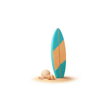 3D render of a teal and orange surfboard standing upright on a patch of sand with three seashells on a plain white background for summer vacation and beach concept design.