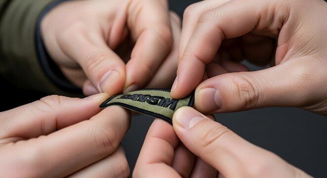 Close-up of multiple hands carefully examining and adjusting a small, dark green embroidered patch with text, highlighting teamwork and attention to detail.