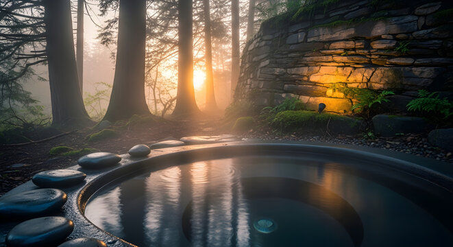 serene forest hot tub at sunrise with stone steps