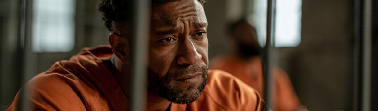 Behind Bars: A man in an orange jumpsuit sits dejected behind the bars of a prison cell, the stark environment mirroring his despair and sense of isolation. 