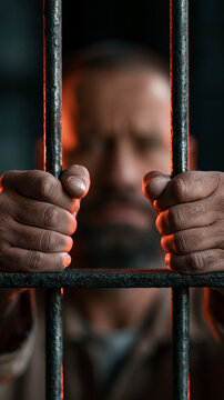 Behind Bars: A man's hands grip prison bars, his face partially visible, conveying a sense of confinement, despair, and reflection.