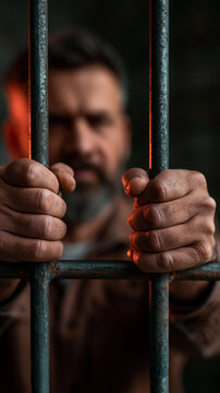 Behind Bars: A man gazes intently through the cold, iron bars of a prison cell, his expression conveying deep contemplation and confinement.