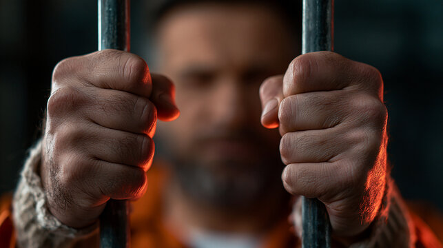 Behind the Bars: A prisoner's hands grip the cold iron bars, symbolizing captivity and the confines of imprisonment.