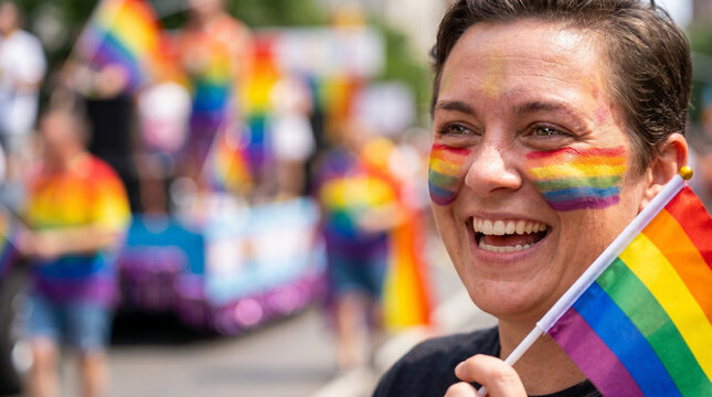 Joyful wheelchair user with rainbow face paint and flag celebrating at vibrant pride parade with colorful float in background, sunny day