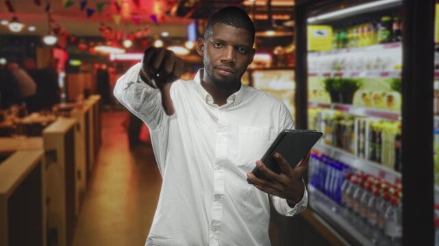 Man in white shirt holding tablet and giving thumbs down toward refrigerated shelf in building aisle, serious gaze visible; customer disapproval.