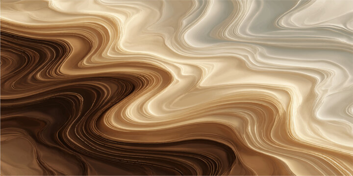 A smooth liquid chocolate flow creates an abstract brown background with a soft satin texture and golden metallic waves of shiny silk fabric