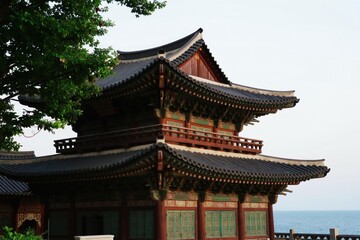 Obraz premium Traditional Korean temple building with tiered roofs sits by the sea. Ornate eaves and vibrant colors accent architecture. Green tree foliage frames ancient structure against sky.
