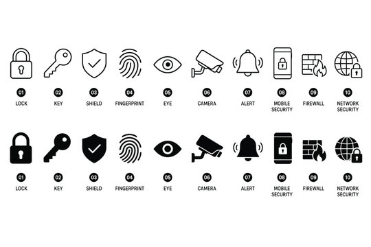 Security Icons: A collection of concise icons illustrating key elements of digital safety, perfect for representing protection.