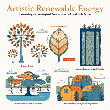 Harnessing nature inspired solutions for sustainable future featuring power trees algae bioreactor wall panels solar petal shade structures and residential hydrogen storage pods in cartoon style.