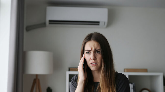 Young woman has bad reaction to dusty air from conditioner. Female feels unwell in room near AC unit. Health problem or allergy symptom with troubled face.