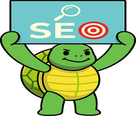 Obraz premium Cute Male Sea Turtle Holding SEO Strategy Board Digital Marketing Concept. Business & Sustainability Vector Icon.