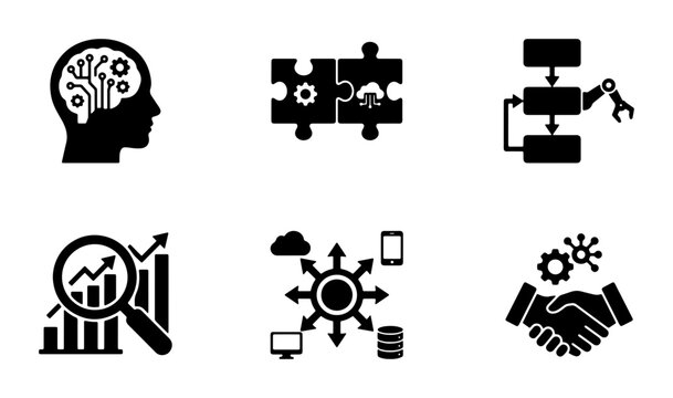 Artificial Intelligence and Automation Icons: Brain, Robotics, Data Analysis, Cloud Computing, Collaboration, 6 Vector Elements