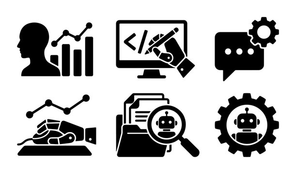 AI and Automation Icons Set: Machine Learning, Data Analysis, Coding, Chatbots, Robotics, and Business Growth Vector Graphics