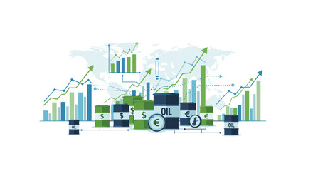 Obraz premium Oil barrels and currency symbols are displayed with financial charts and graphs overlaying a world map, indicating global market trends.