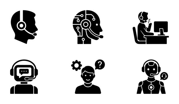 Customer Service Icons Set: Human and AI Support Agents, Chatbots, and Technical Assistance Symbols. Vector Graphics for Business and Technology.