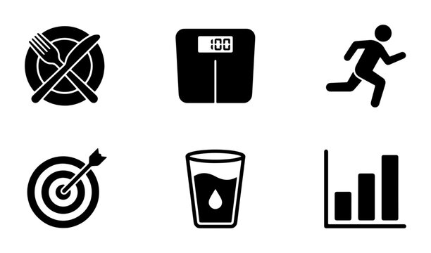 Healthy Lifestyle Icons Set: Diet, Exercise, Weight Management, Hydration, Goals, Progress Charts