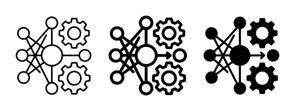 Neural Network and Gears Icons, Machine Learning and AI Concepts, Data Processing Systems, Technology and Engineering Symbols