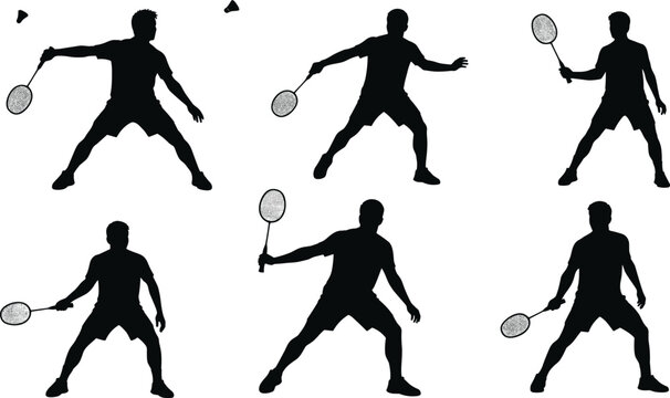 Badminton player silhouette collection, vector sports illustration, male athlete in action, shuttlecock and racket poses for fitness, competition, design