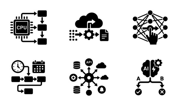 AI and Machine Learning Icons Set, Neural Network and CPU Flowchart, Data Processing and Cloud Computing, Technology and Algorithm Concepts