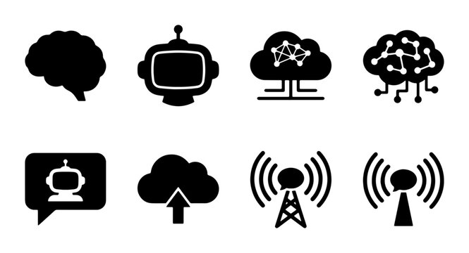 AI and Technology Icons: Neural Network Brain, Robot Head, Cloud Computing, Data Transfer, and Wireless Signals, Vector Set
