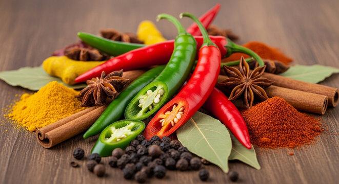 Spicy chili peppers and assorted Indian spices on wooden table