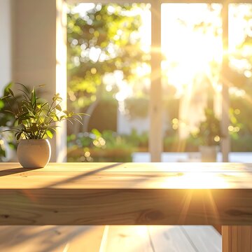 A serene indoor setting with a potted plant on a wooden table (2)