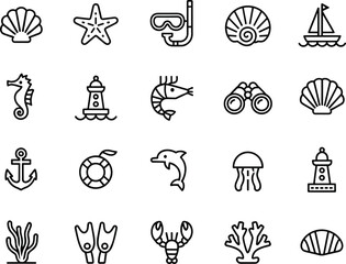 Beach, sea, ocean, marine life, summer, shellfish, aquatic icons, snorkeling gear, nautical elements, underwater symbols, flat line design © Vector World