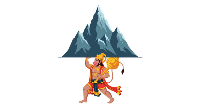 The mythical monkey figure Hanuman is depicted standing firmly while supporting a massive, craggy, grey mountain above his head with one raised, powerful muscular arm.