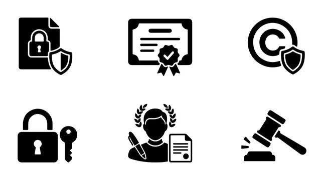 Legal Protection Icons Set: Copyright, Security, Law, Certificate, Intellectual Property, Compliance, Gavel, Lock, Key, Shield, Document, Award