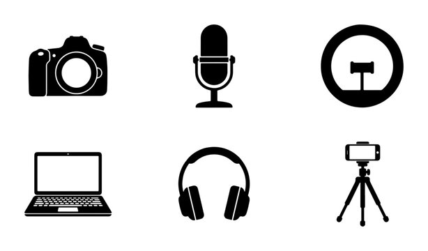 Multimedia Production Icons: Camera, Microphone, Ring Light, Laptop, Headphones, and Tripod Set for Content Creation and Digital Media
