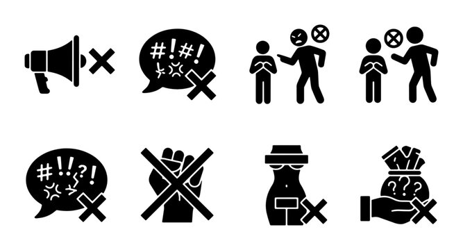 Prohibition Icons Set: No Loudspeaker, Cursing, Bullying, Fighting, Profanity, Violence, Drugs, Corruption - Vector Graphics