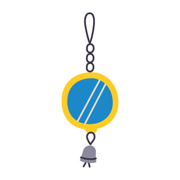 Cute mirror hanging toy for pet birds and parrots, flat cartoon cage accessory with reflective pendant. Budgie and parakeet entertainment toy vector illustration, isolated colored clipart