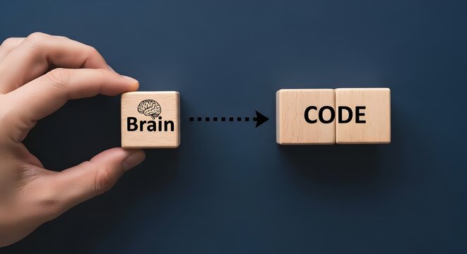 Hand moves wooden block with brain symbol towards blocks spelling out code