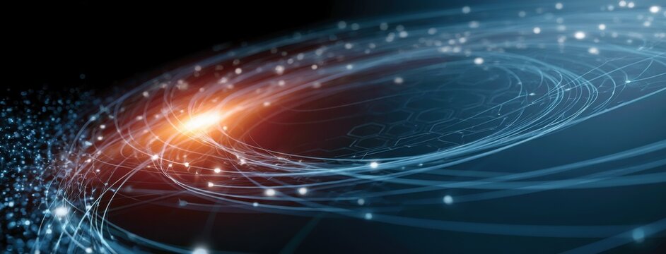 Circular data flow vortex with blue glowing light trails forming spiral digital technology motion effect background